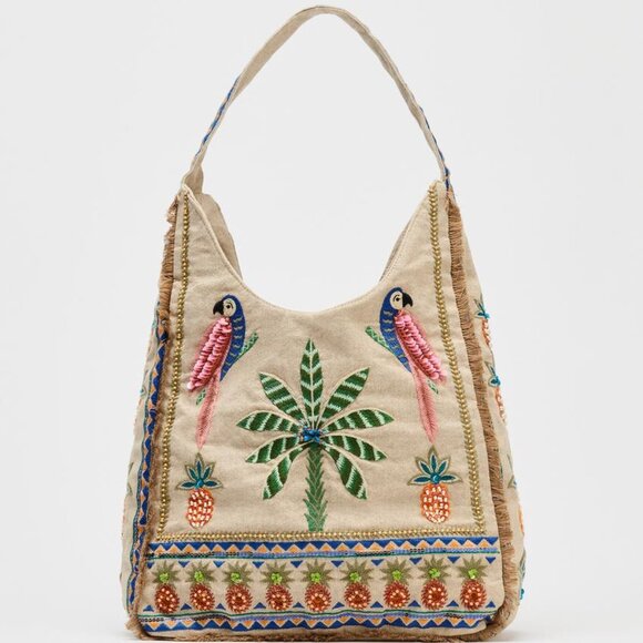 NEW ZARA Beaded Shopper Parrot Ananas Summer Tropical Scene Shoulder Hobo Bag - Picture 2 of 8